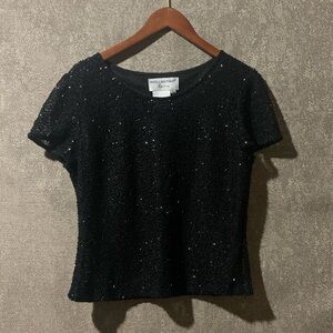 Black Sequin Short Sleeve Top - Size Petite Medium
